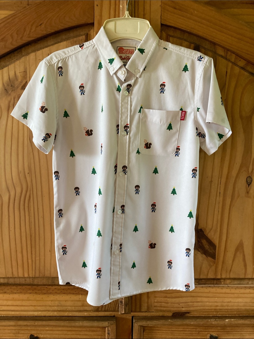 Boys RSVLTS Bob Ross Christmas short sleeve button down shirt size L